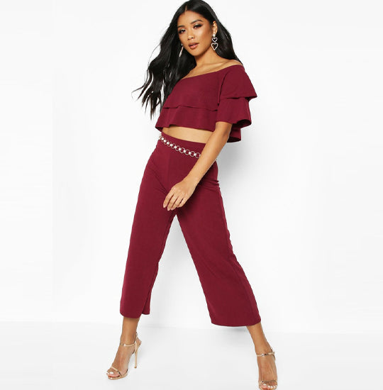 Maroon solid ruffled Co-ord Set