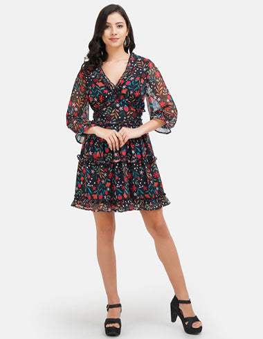 Elchic Black Floral Printed Fit & Flare Dress