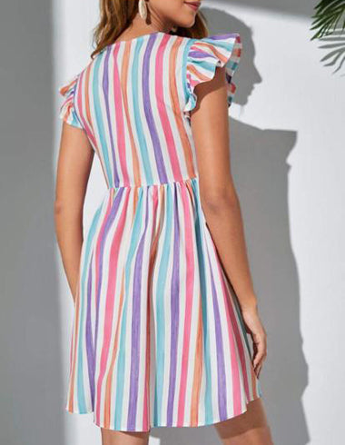 Elchic Striped Elegance Button-Front Dress with Delicate Ruffle Trim