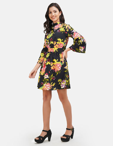 Elchic Black Floral Halter Neck Fit & Flare Dress