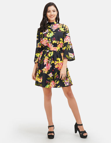 Elchic Black Floral Halter Neck Fit & Flare Dress