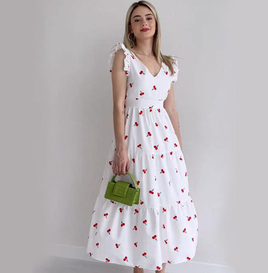 Elchic Cherry Print Ruffled Midi Dress