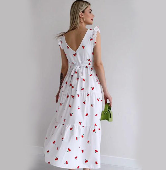 Elchic Cherry Print Ruffled Midi Dress