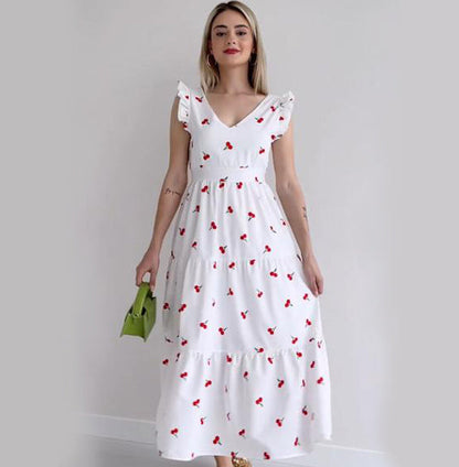 Elchic Cherry Print Ruffled Midi Dress