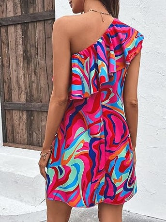 Elchic Dress to Impress Allover Print One-Shoulder Colorful Chic Delight