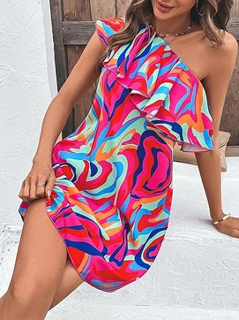 Elchic Dress to Impress Allover Print One-Shoulder Colorful Chic Delight