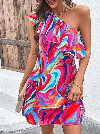 Elchic Dress to Impress Allover Print One-Shoulder Colorful Chic Delight