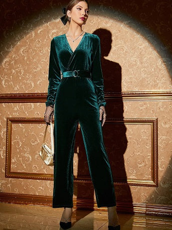 Velvet Surplice Jumpsuit with High Waist Belt