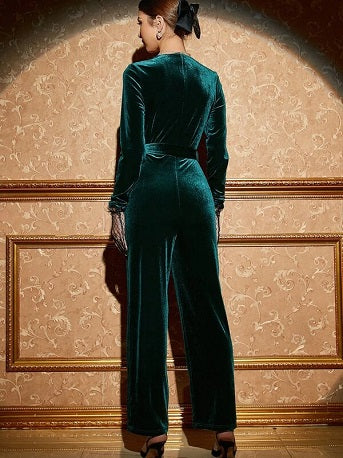 Velvet Surplice Jumpsuit with High Waist Belt