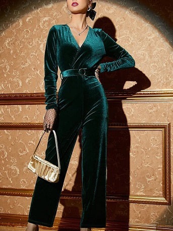 Velvet Surplice Jumpsuit with High Waist Belt