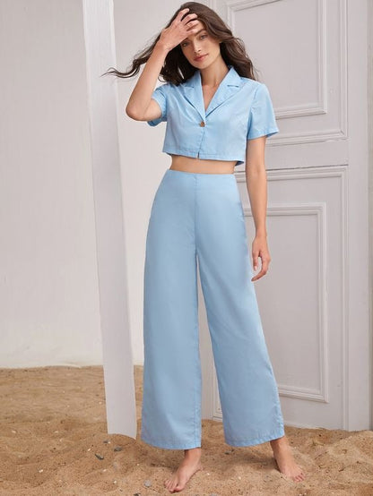 Elchic Single Button Crop Top and Wide Leg Pants Set