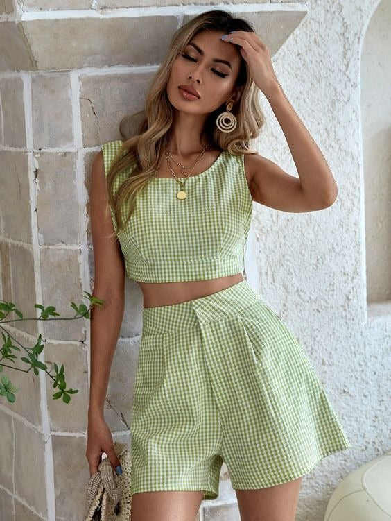 Elchic Gingham Print Backless Top and Shorts Pair Set