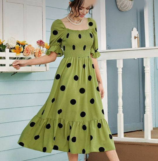 Elchic Polka Dot Print Green Midi Dress with Smocking Details