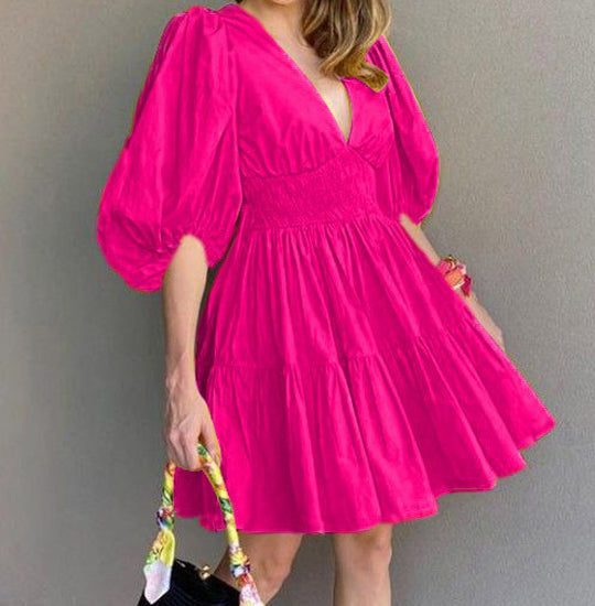 Elchic Hot Pink Puff Sleeves Flared Cotton Dress