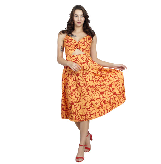 Elchic Orange & Yellow Abstract Printed Cut-out Dress