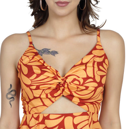 Elchic Orange & Yellow Abstract Printed Cut-out Dress