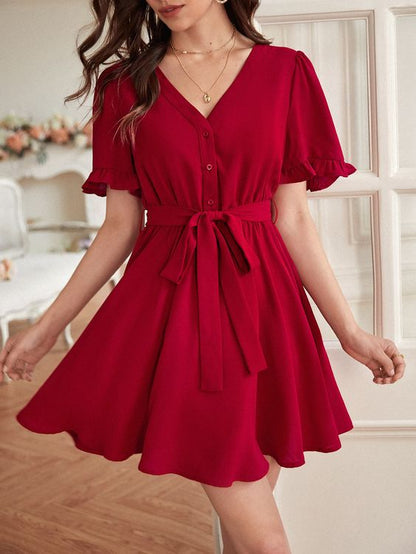 Elchic Flounce Sleeve Casual Charm Belted Dress