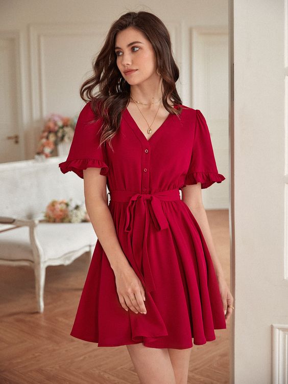 Elchic Flounce Sleeve Casual Charm Belted Dress