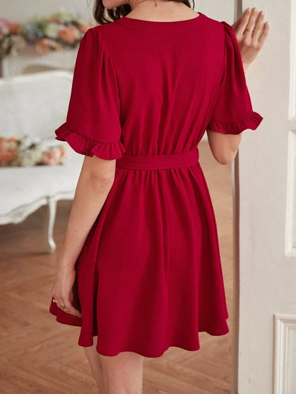 Elchic Flounce Sleeve Casual Charm Belted Dress