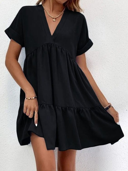 Elchic Ruffle Hem V- Neck Casual Dress