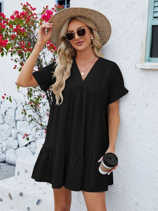 Elchic Ruffle Hem V- Neck Casual Dress