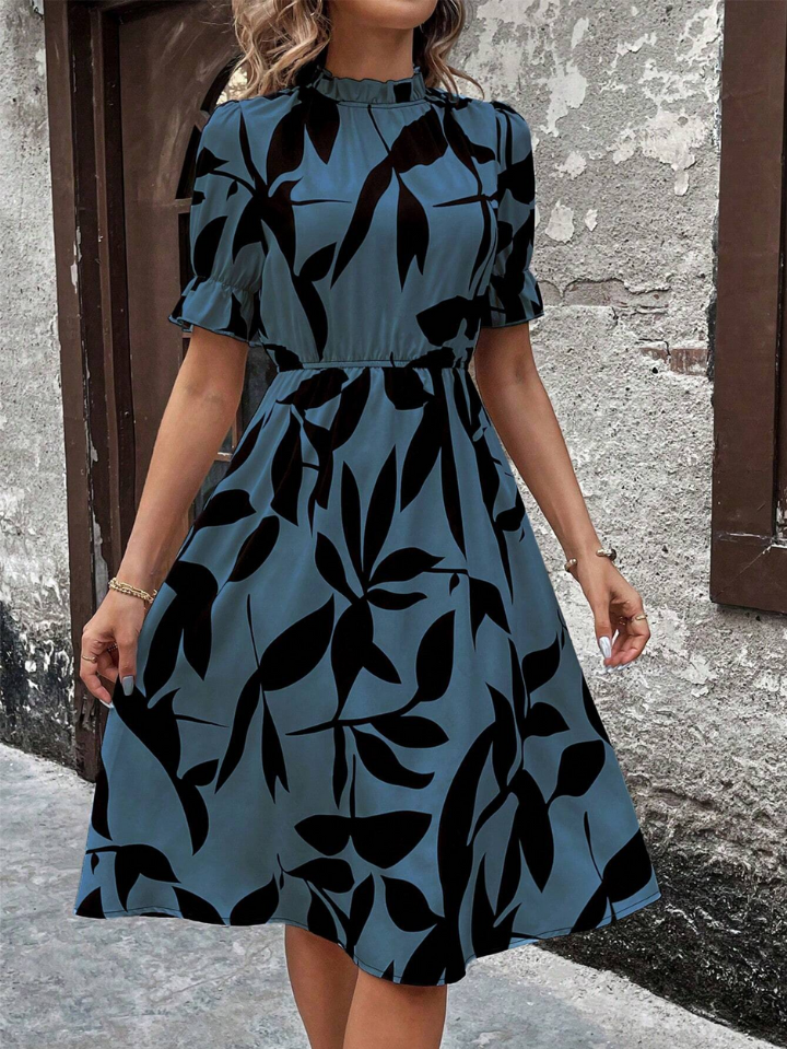 Elchic Tropical Print Midi Dress with Puff Sleeves