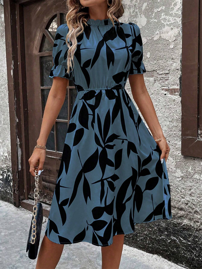 Elchic Tropical Print Midi Dress with Puff Sleeves