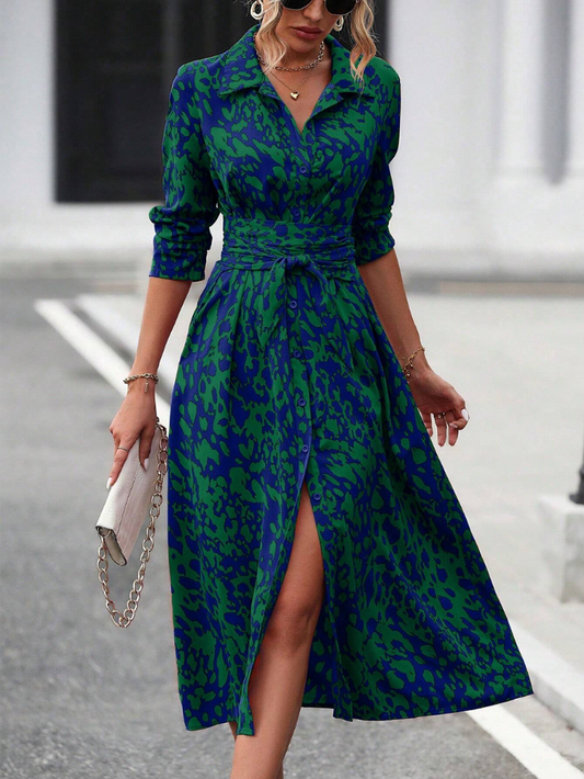 Elchic Button Down Belted Midi Dress with All Over Leopard Print