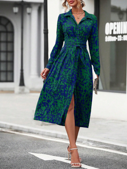 Elchic Button Down Belted Midi Dress with All Over Leopard Print