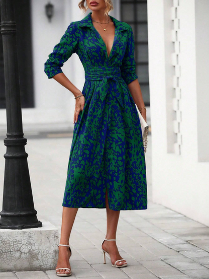 Elchic Button Down Belted Midi Dress with All Over Leopard Print