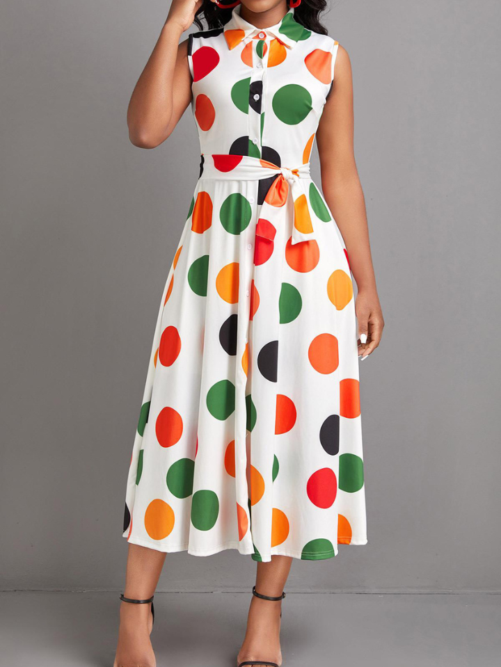 Elchic Colourful Polka Dot Belted Maxi Dress with Shirt Collar