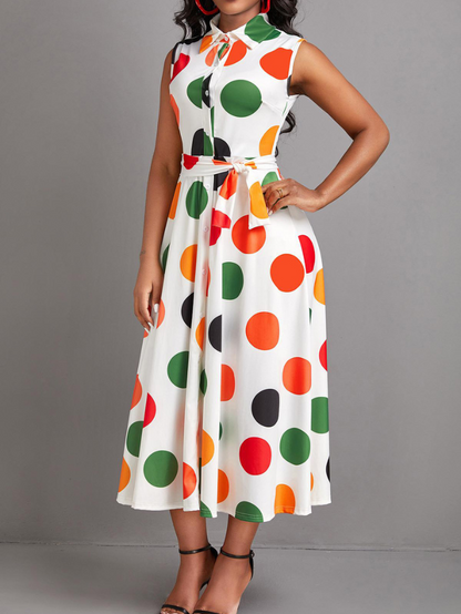 Elchic Colourful Polka Dot Belted Maxi Dress with Shirt Collar