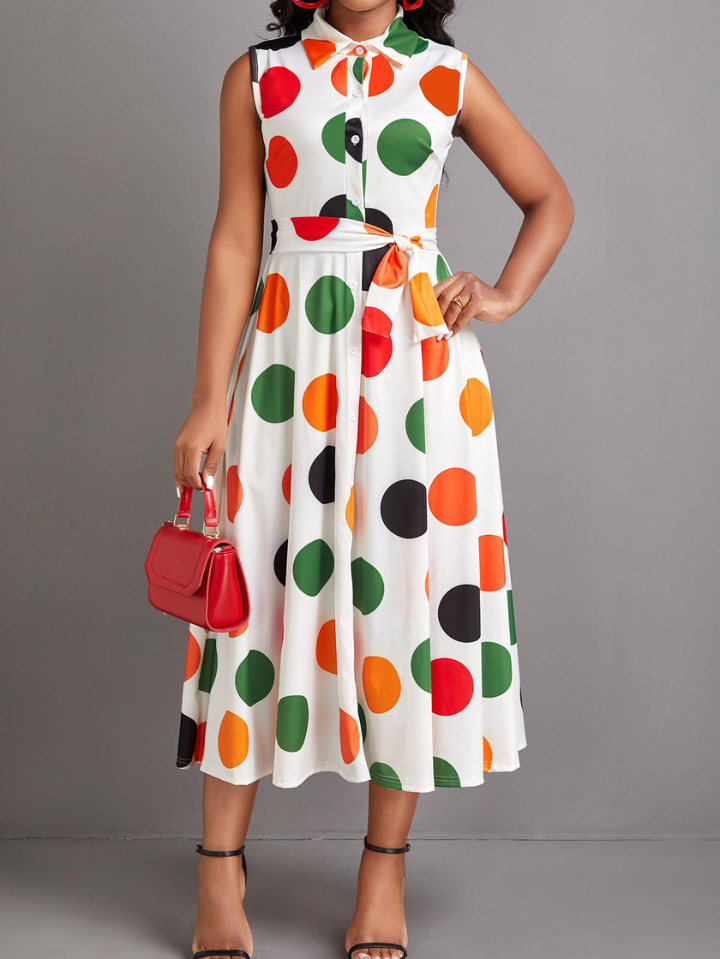 Elchic Colourful Polka Dot Belted Maxi Dress with Shirt Collar