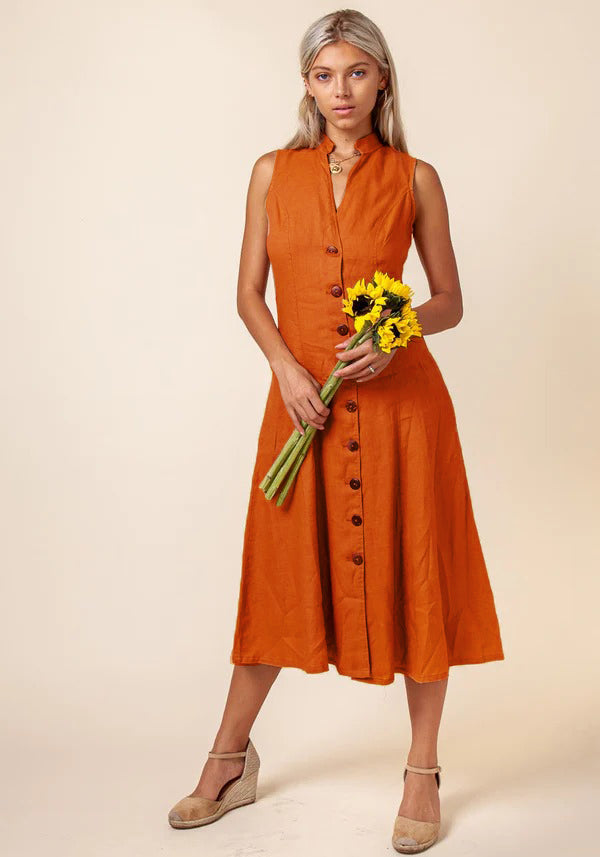 Elchic Bold Orange A-line Button Down Dress