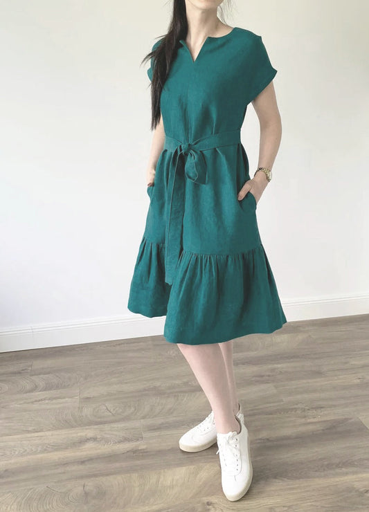 Elchic Viridian Green Loose Fit Midi Dress with Belt and Pockets