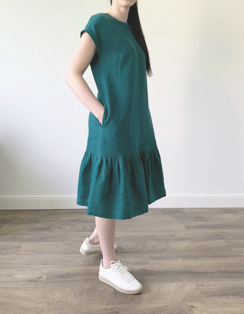 Elchic Viridian Green Loose Fit Midi Dress with Belt and Pockets