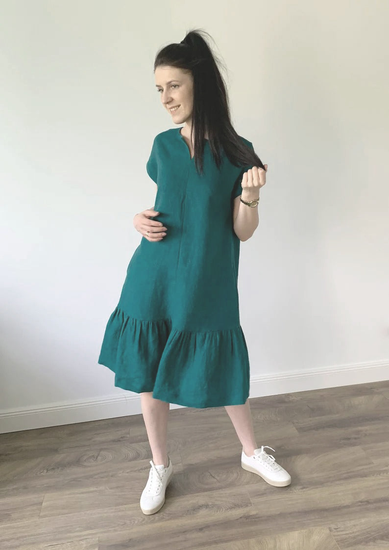 Elchic Viridian Green Loose Fit Midi Dress with Belt and Pockets