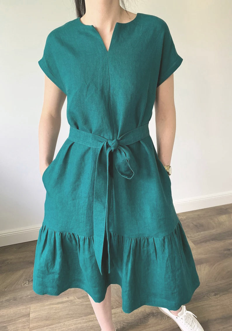 Elchic Viridian Green Loose Fit Midi Dress with Belt and Pockets