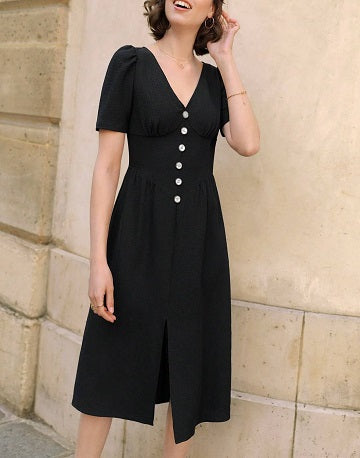 Elchic Timeless Noir V-neck Front Buttoned Chic Dress