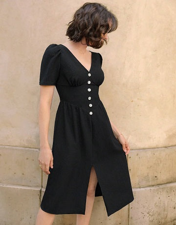 Elchic Timeless Noir V-neck Front Buttoned Chic Dress