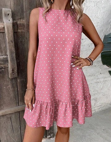 Elchic Heart Print Ruffle Hem A-line Pink Dress