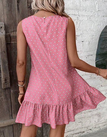 Elchic Heart Print Ruffle Hem A-line Pink Dress