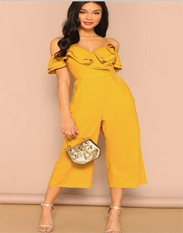 Flounce and Flair: High Waist Yellow Party Jumpsuit