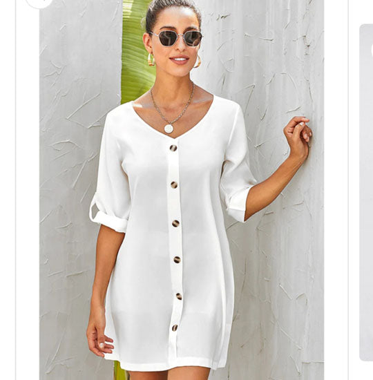 Elchic White V-neck Button Down Dress