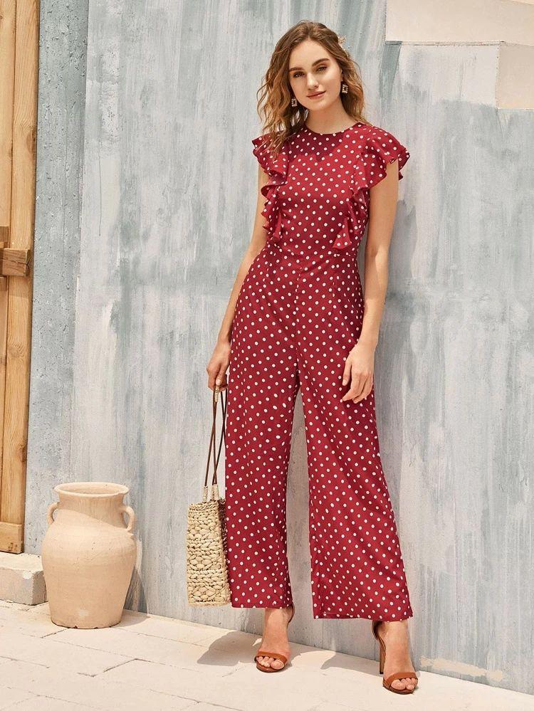 Polka Dots & Ruffles: Dark Red Playful Jumpsuit