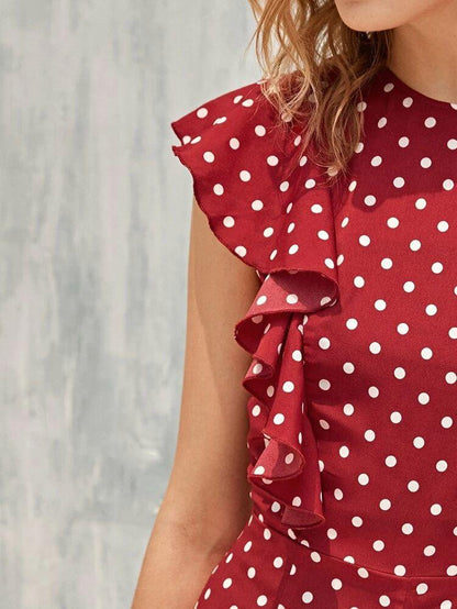 Polka Dots & Ruffles: Dark Red Playful Jumpsuit