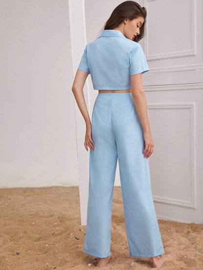 Elchic Single Button Crop Top and Wide Leg Pants Set